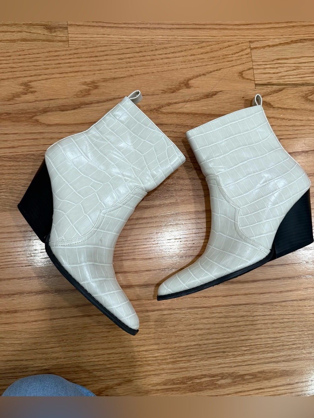 White Croc-Embossed Ankle Boots - Women's Fashion Booties